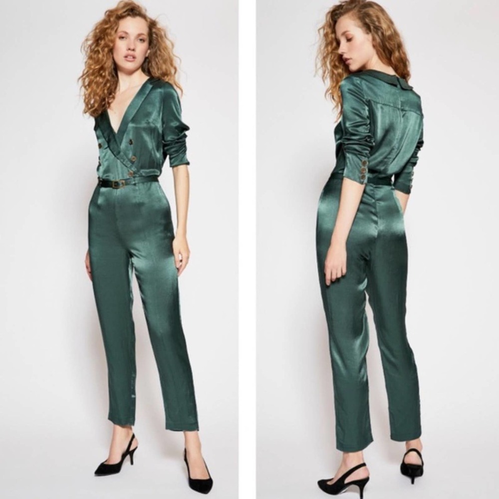 Free People Emerald Green Satin Jumpsuit